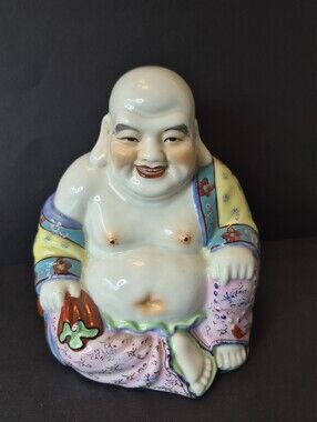 Antique Chinese Porcelain Happy Buddha Statue 6" Vtg Buddah Zen Garden Buddhist